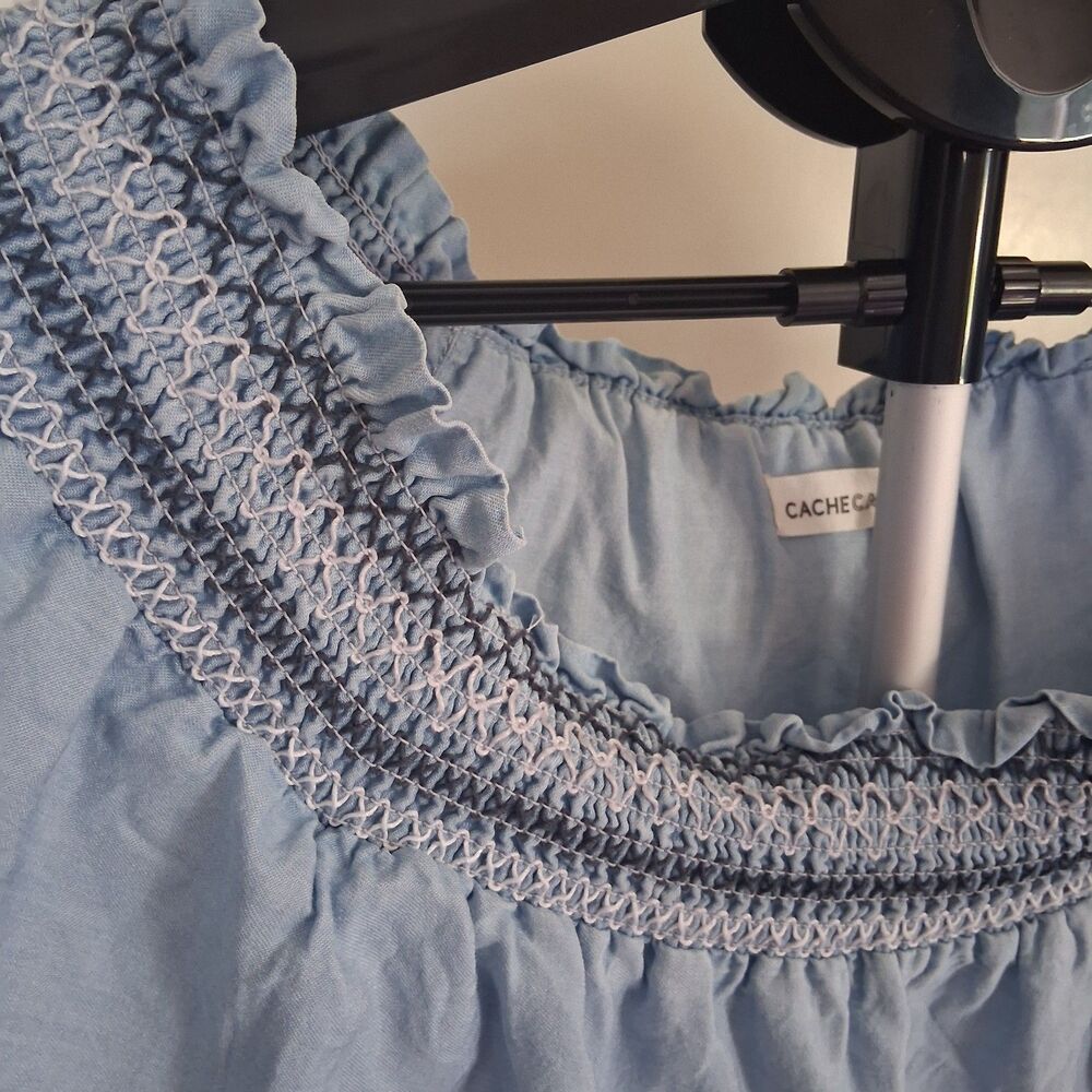 Cache Cache Blue Chambray Off Shoulder Smocked Ruffle Mini Shift Dress Euro 36/4 - Picture 4 of 11